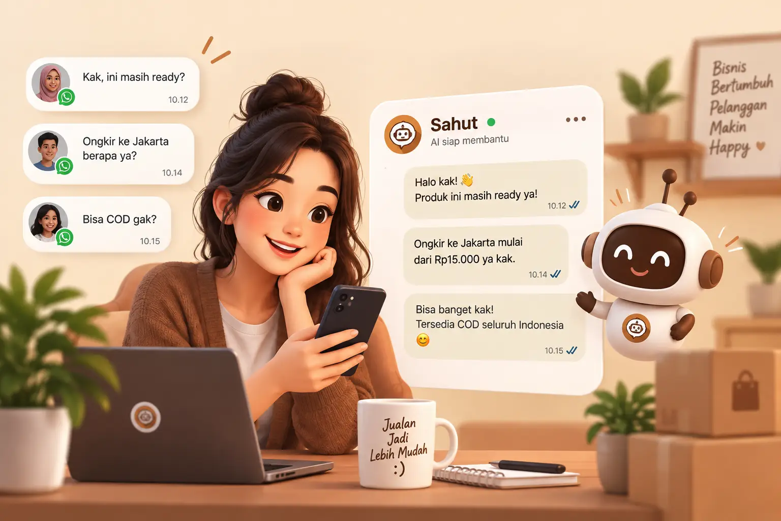 Pemilik bisnis menggunakan Sahut untuk membalas chat pelanggan secara otomatis